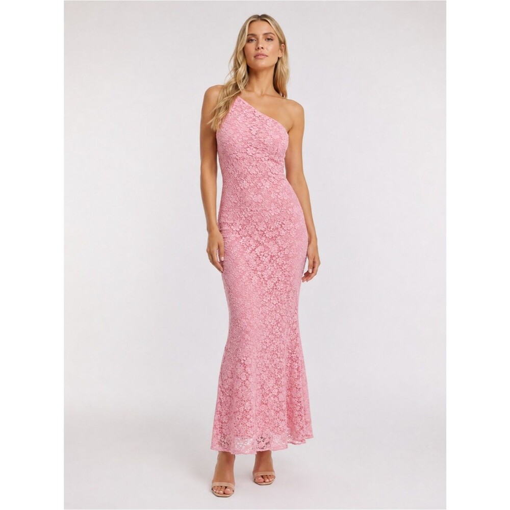 Bardot Albie One Shoulder Lace Bodycon Maxi Dress Pink Formal Gown 4 NEW